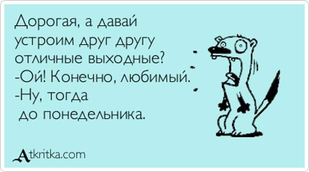 Дорогая, а давай  устроим друг другу  отличные выходные?  -Ой! Конечно, любимый.  -Ну, тогда  до понедельника.