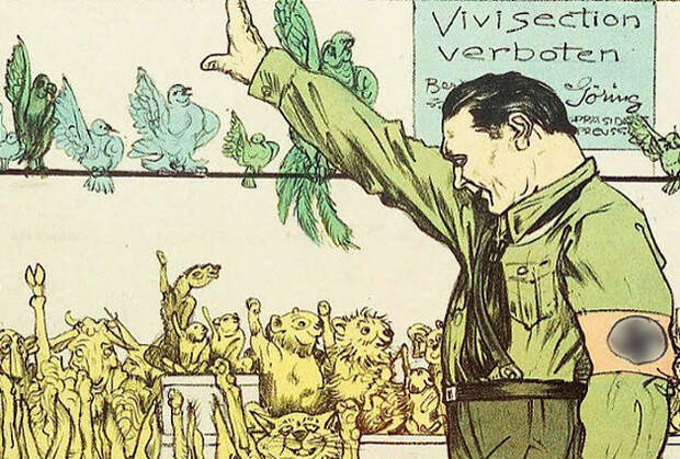Карикатура на Германа Геринга. Животные вскидывают лапы в нацистском приветствии после запрета вивисекции