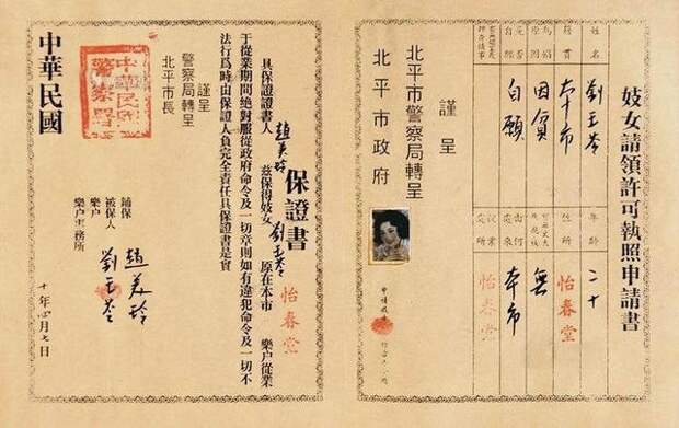 Лицензия Лю Юлин для работы в доме терпимости "Ичун Холл" в Пекине, 1921 год бордели, жрицы любви, китай, продажная любовь, проституция