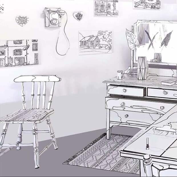 Художница разрисовывает интерьер и предметы домашнего обихода, создавая 2D-иллюзию