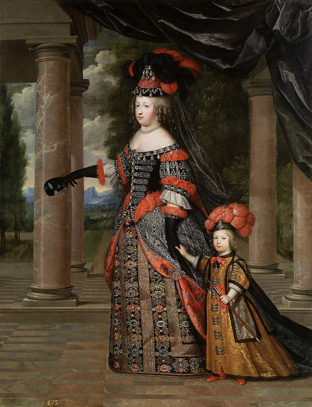 Мария Терезия, жена Людовика XIV, с их единственным выжившим сыном, Луи ле Гранд Дофин.