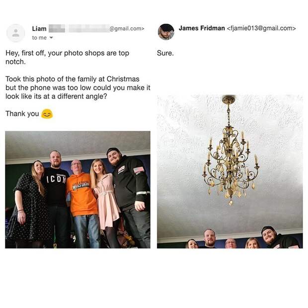 Одна семья попросила Джеймса изменить ракурс на их рождественской фотографии ... с чем он им и помог