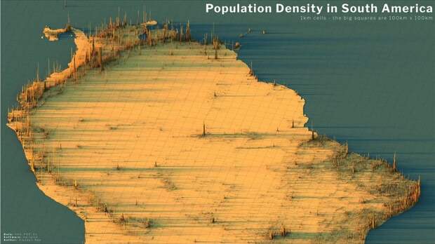 Красивые трехмерные карты мира, показывающие распределение населения Земли