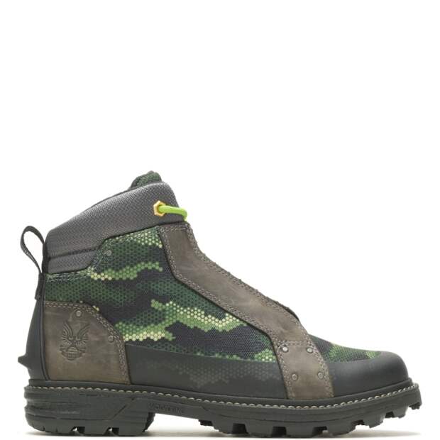 Picture of the limited edition Wolverine x Halo boot collab with green digital camo colors and laces