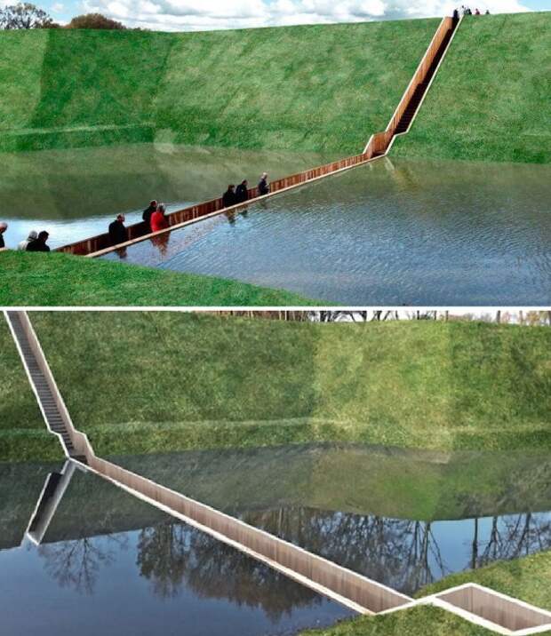 Мост, позволяющий пройти сухими сквозь толщу воды (Moses Bridge, Нидерланды).