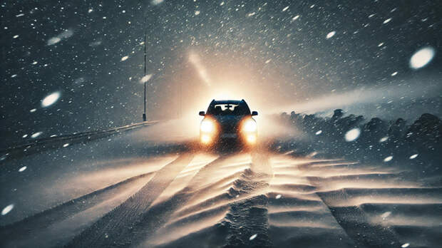 Метель на трассе / Изображение сгенерировано нейросетью DALL-E / amic.ru