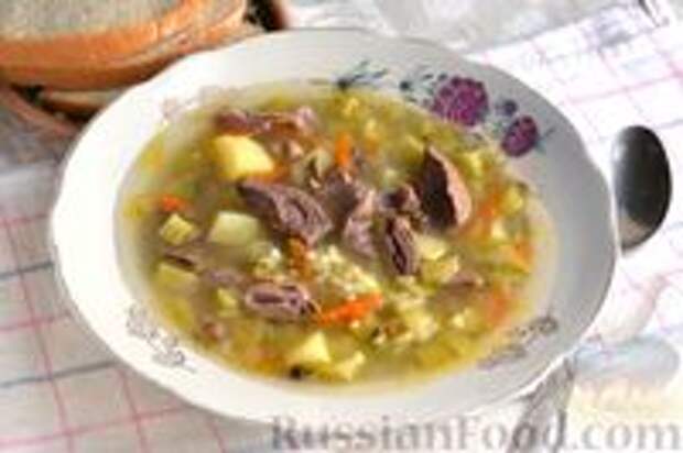 Фото к рецепту: Рассольник с куриными потрошками и рисом