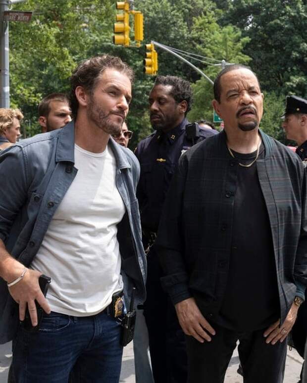 Fin and Bruno approaching a scene with their hands on their hips on Law & Order: SVU Season 26 Episode 1