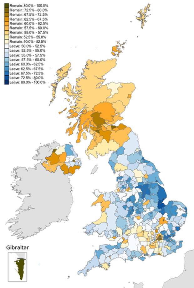 За выход из ЕС в основном проголосовали жители небольших городов и посёлков Англии. За то, чтобы остаться, голосовали жители Шотландии, Северной Ирландии, Уэльса и крупных городов Англии