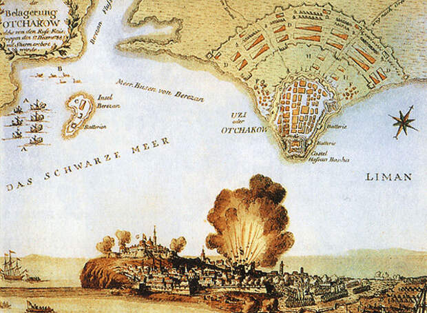План турецкой крепости Очаков, взятой русскими войсками 6 декабря 1788 года. Раскрашенная гравюра, Австрия