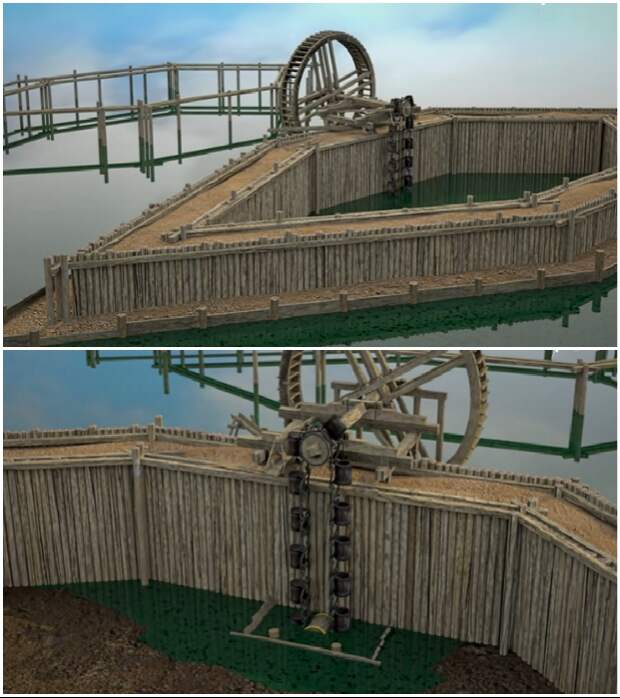 Средневековый способ выкачки воды и создания опор моста (3D-анимация). © praha-archeologicka.cz.
