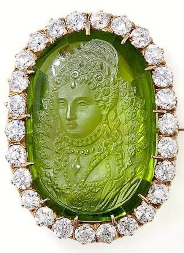 Antique Carved Peridot Cameo and Diamond Brooch Pendant