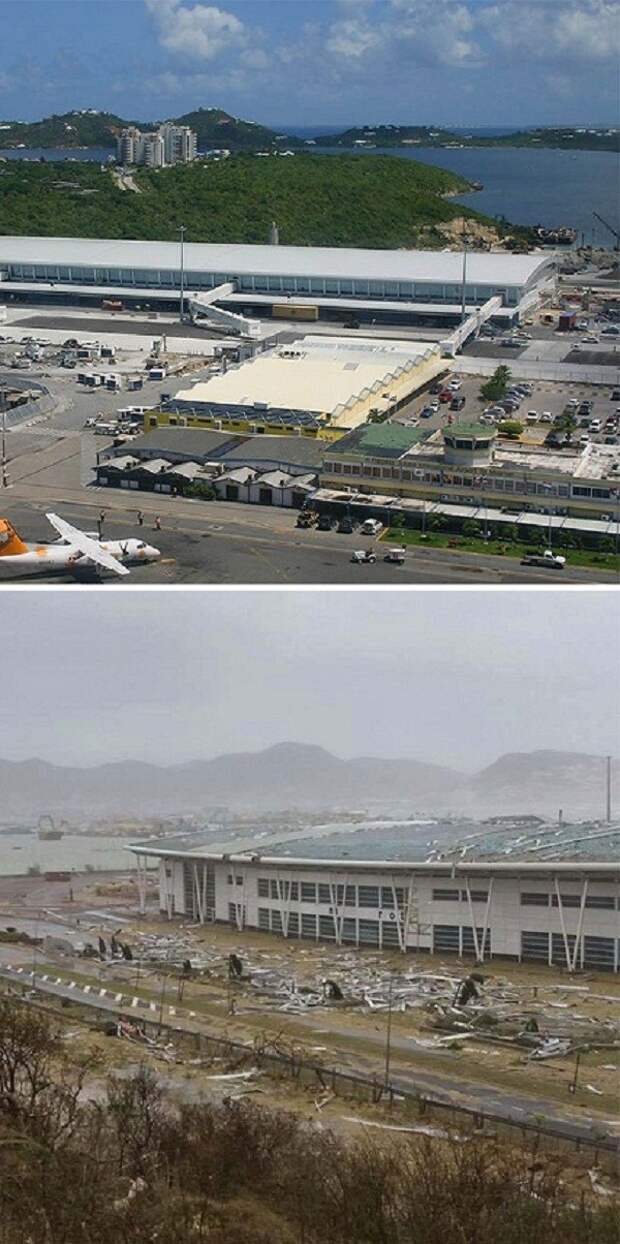 Аэропорт принцессы Джулианы на острове Сен-Мартен до и после урагана Центральная Америка, ирма, катастрофа, разрушения, стихийное бедствие, стихия, ураган, флорида