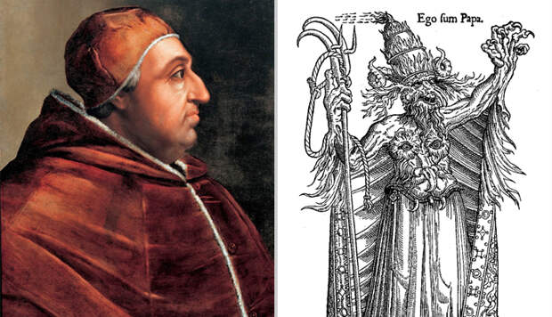 Александр VI, портрет из серии Джовио и гравюра - карикатура на папу