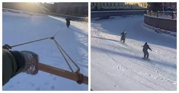 Заезд на сноуборде и мотоцикле по замёрзшему каналу в Питере