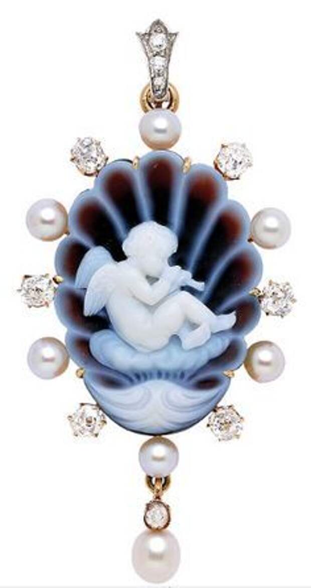 An Antique Pearl and Diamond Cameo Pendant, circa 1870 Of shell motif, the oval slightly concave cameo depicting a cherub playing a flute and reposing atop a cloud, surrounded by small pearls and old mine-cut diamonds, suspending a pearl and diamond drop, (pearls not tested for natural origin), hinged bail, mounted in 18k gold