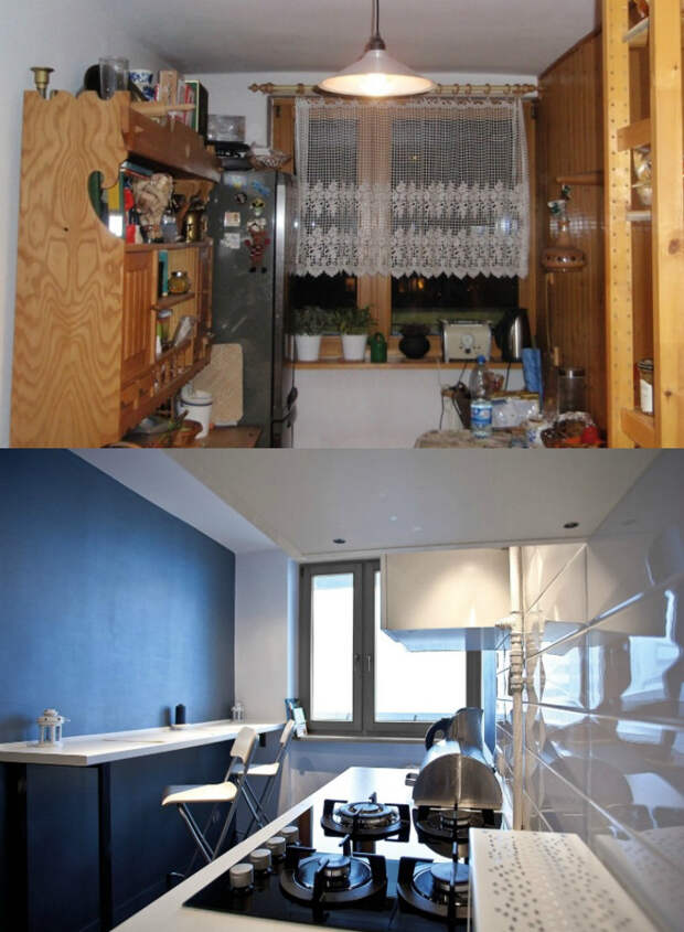 Ремонт кухни до и после фото белая кухня узкая