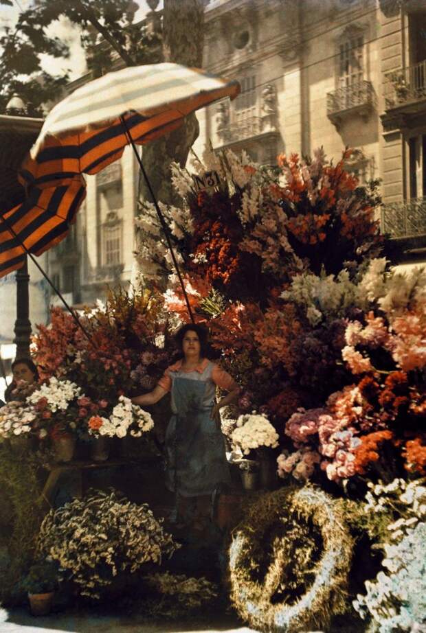Цветочница в Барселоне, Испания, 1929. Автохром, фотограф Жюль Жерве-Куртельмон