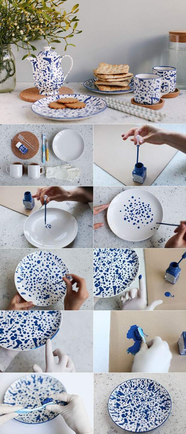 Еще один вариант ручной росписи посуды, очень легкий и быстрый способ обновить старый скучный сервиз