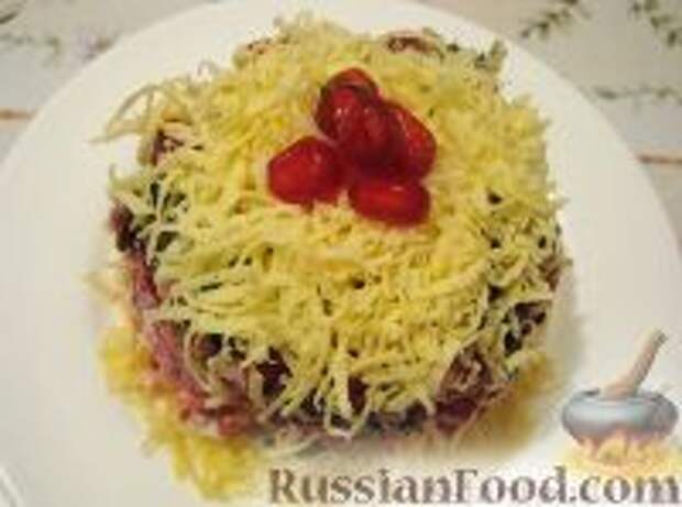 Фото к рецепту: Слоеный салат с копченой курицей, черносливом и сыром