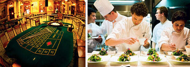 Слева: Казино Монте-Карло ждет гостей с деньгами  Справа: Шеф-повар ресторана Monte-Carlo Bay Hotel Стефано Байокко готовит «простой салат» из 120 различных листочков и цветов 