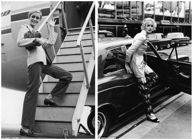 Британская супермодель Твигги в аэропорту Хитроу. Слева - 1966 г., справа - 1970 г. архивные фотографии, аэропорт, аэропорты, знаменитости, известные люди, старые фото, фото знаменитостей