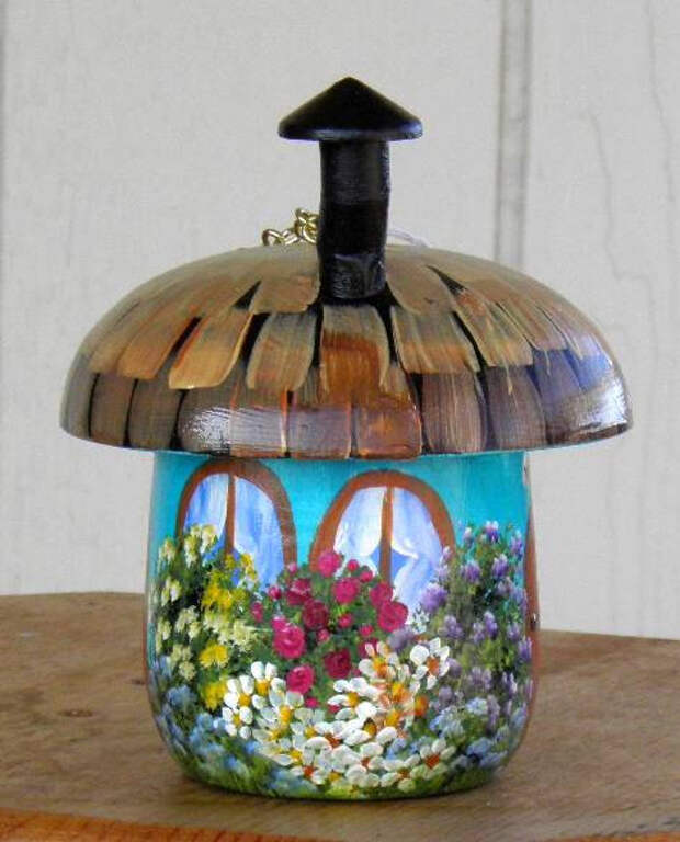 Decorative Turquoise Mushroom Birdhouse, Hand Painted with Flowers, Trees, and Welome Sign