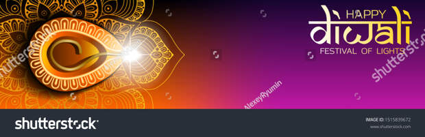 Happy Diwali festival of lights banner or website header design template with traditional burning diya oil lamp and mandala top view.