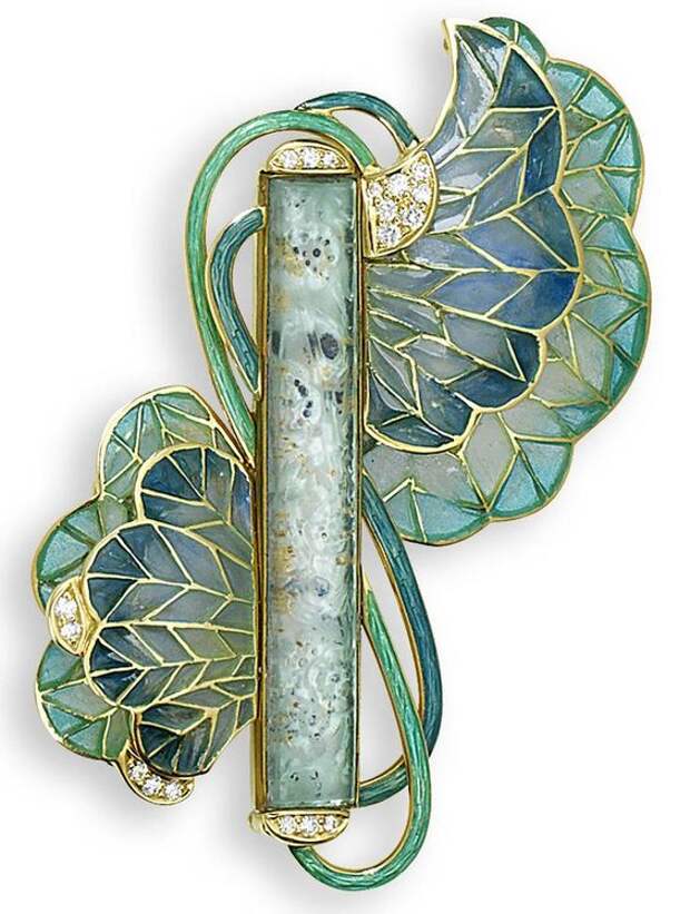 A plique-à-jour enamel and glass brooch, designed by Ivor Gordon. The central rectangular foiled eau-de-nil glass plaque, circa 1910, by Lalique, encased in a contemporary mount with diamond terminals, issuing pale blue/green plique-à-jour enamel blooms to either side, with brilliant-cut diamond highlights and entwined guilloche enamel stems, the central rectangular plaque signed Lalique, length 7.3cm.: