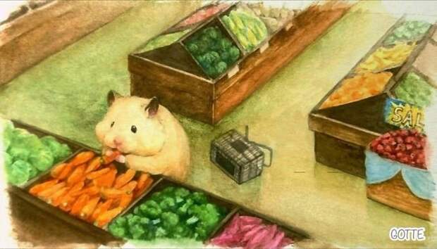 Акварельные рисунки хомяка, ведущего обычную человеческую жизнь