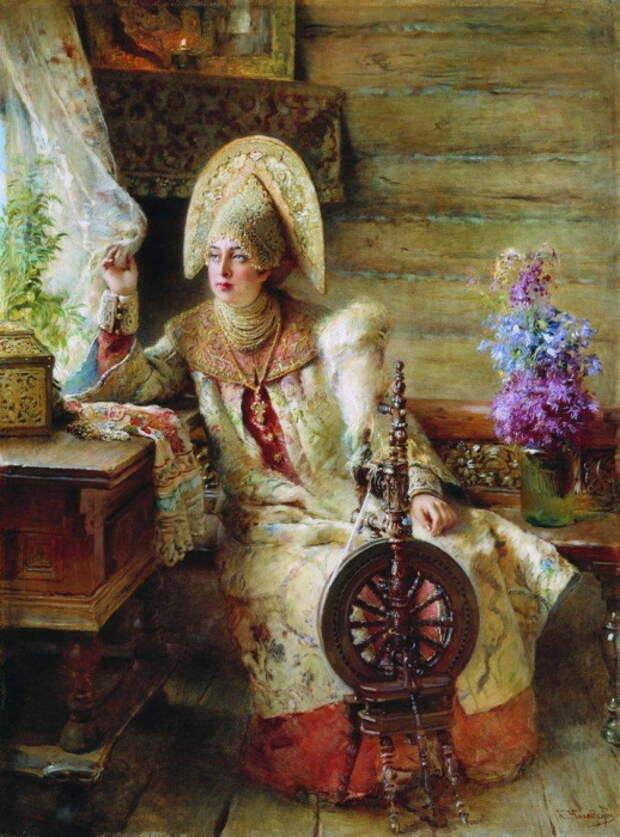 Константин Маковский, Боярышня у окна (с прялкой). 1890-е