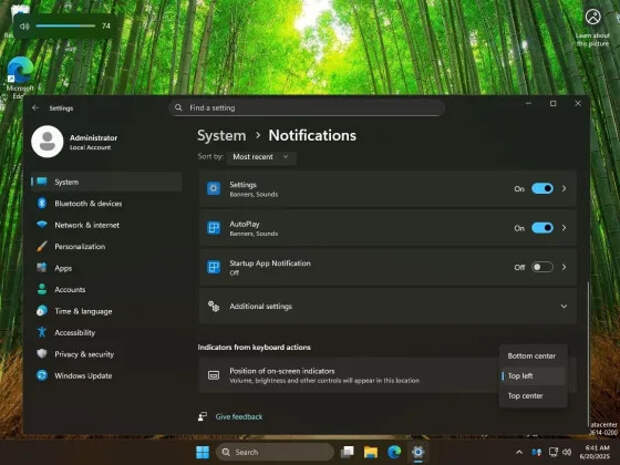 В Windows 11 появится возможность изменять положение регуляторов звука и яркости