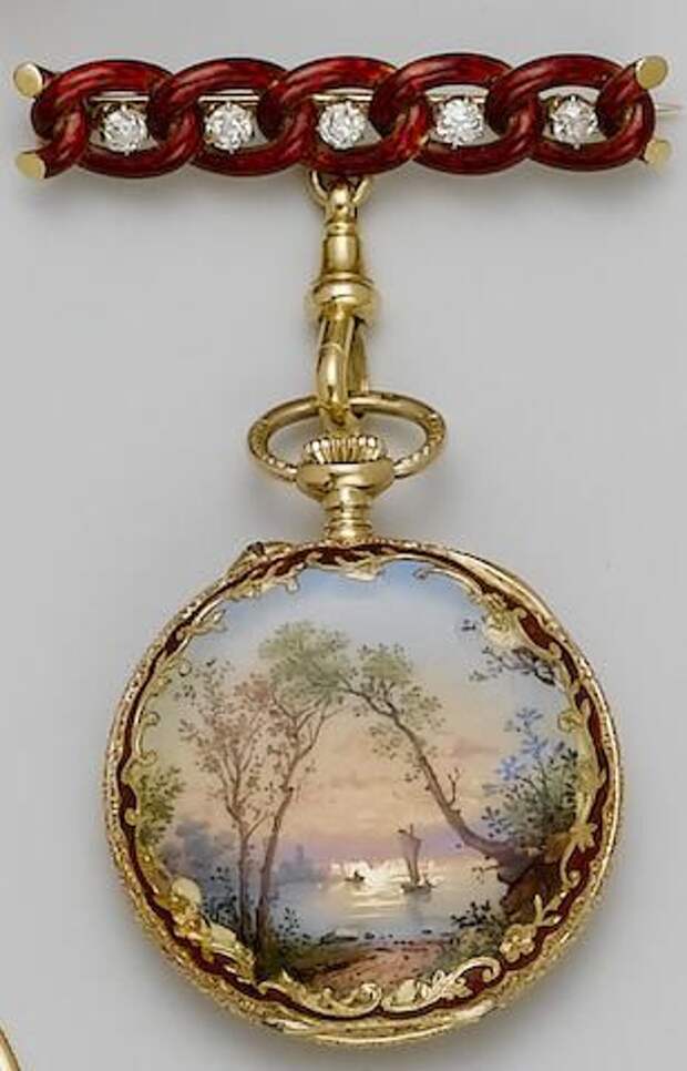 Bonhams : Swiss. A fine 19th century 18ct gold enamel fob watch with enamel and diamond set bar brooch: 