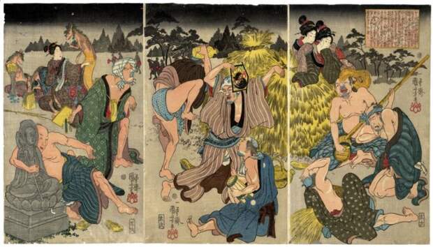 Ради саке: триптих с группой лисиц, которые выглядят как люди, и участвуют в дикой вечеринке под покровом темноты, XIX век. Автор: Утагава Куниёси.