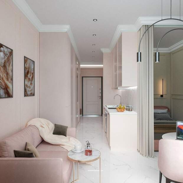 Интерьер квартиры - студии в нежно-розовом цвете. Небольшая квартира, но в ней есть все что нужно.