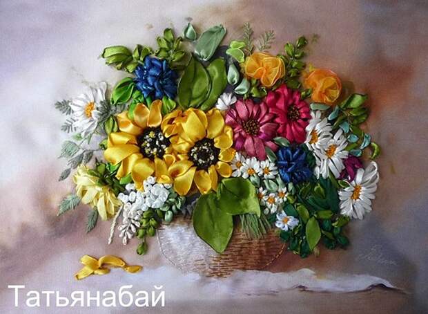 Вышивка лентами корзины цветов