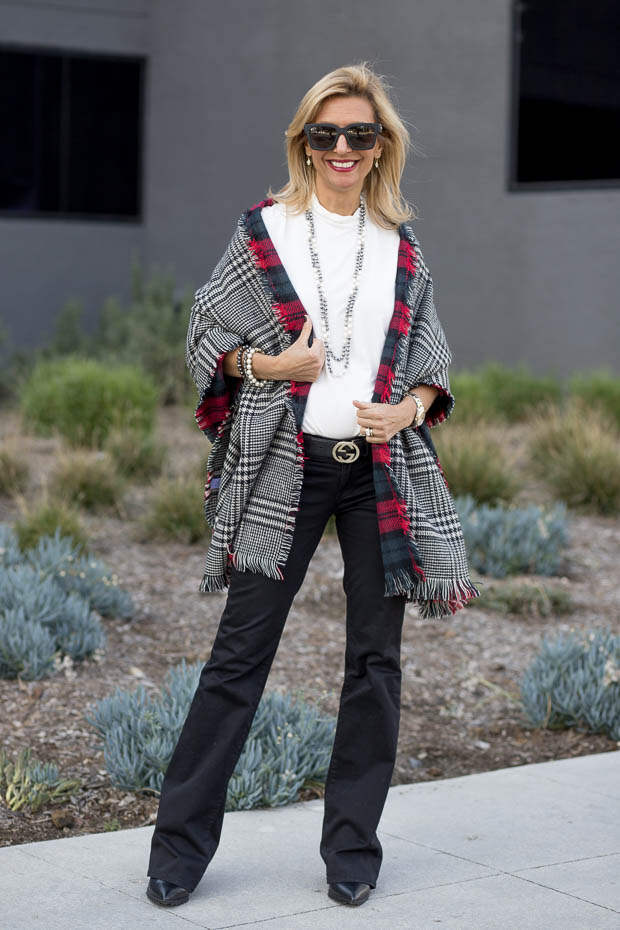 Ivory Mock Neck Top for women worn with reversible houndstooth and plaid shawl 