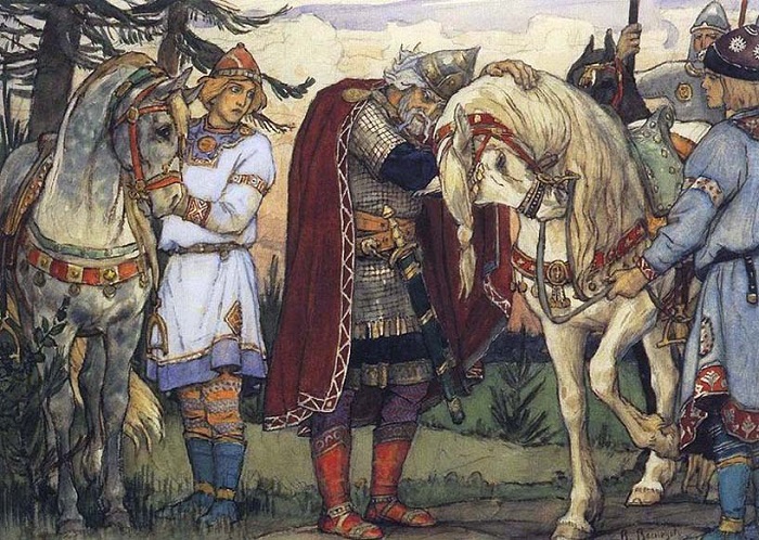 Один из первых известных русских князей носил имя скандинавского происхождения: Олег. Рисунок Васнецова. Один из первых известных русских князей носил имя скандинавского происхождения: Олег. Рисунок Васнецова.