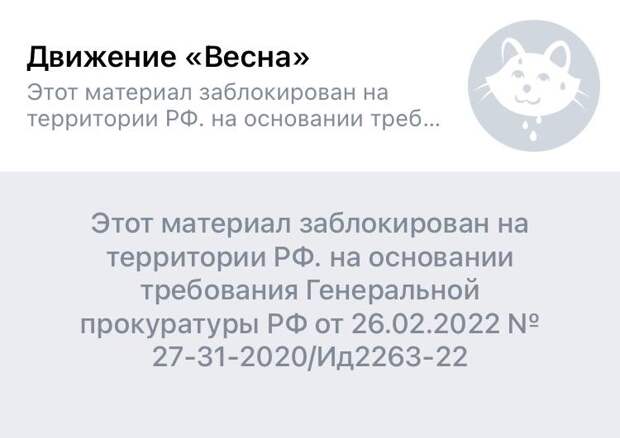Во «ВКонтакте» недоступно сообщество «Весны». Движение публиковало информацию про антивоенные акции