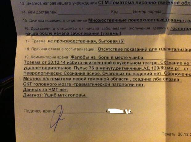 Травмы после драки в Театре кукол Карелии