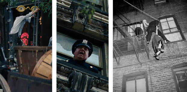 Слева и в центре: кадры из фильма «Марти Великолепный», сцена побега Марти из квартиры матери от полицейского, справа: нью-йоркский патрульный, опасно балансирующий одной ногой на подоконнике, а другой на пожарной лестнице, держит за запястье женщину, 1953 год