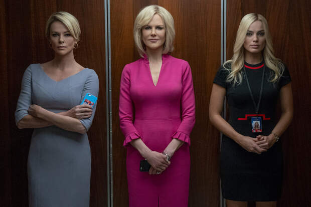 Charlize Theron as Megyn Kelly, Nicole Kidman as Gretchen Carlson, and Margot Robbie as Kayla Pospisil in Bombshell | Photo Credits: Hilary Bronwyn Gayle / Lionsgate