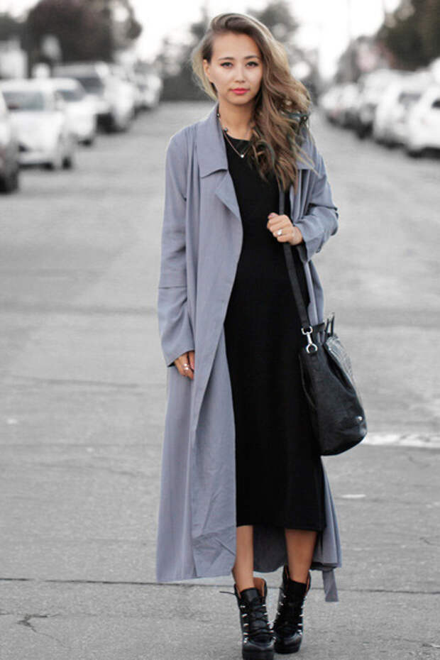 Длинное черное пальто с поясом с чем носить