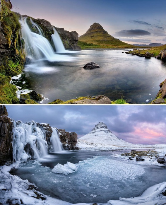 Гора Kirkjufell, которая возвышается посреди глубоководного исландского озера.