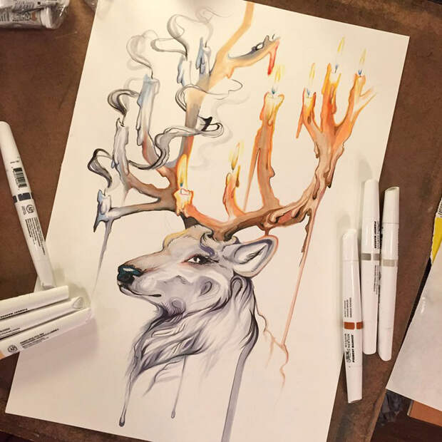 рисунки диких животных карандашами и маркерами