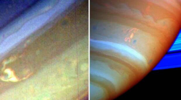Шторма Дракона на Сатурне Миссия «Кассини» сделала снимки этого невероятного шторма в 2004 году. Так называемый «Драконий Шторм» это буря протяженностью целых 3200 километров. Внутри бьют молнии в 1000 раз мощнее, чем на Земле.