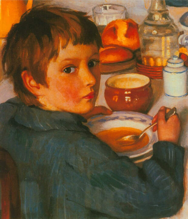 За обедом. 1914. Фрагмент