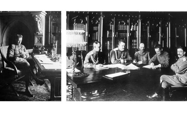 А. Ф. Керенский. Вторая половина 1917 г. и военный министр Керенский со своими помощниками. Слева направо: полковник В. Л. Барановский, генерал-майор Г. А. Якубович,Б. В. Савинков, А. Ф. Керенский и полковникГ. Н. Туманов (август 1917 года). Фото: © Wikipedia.org