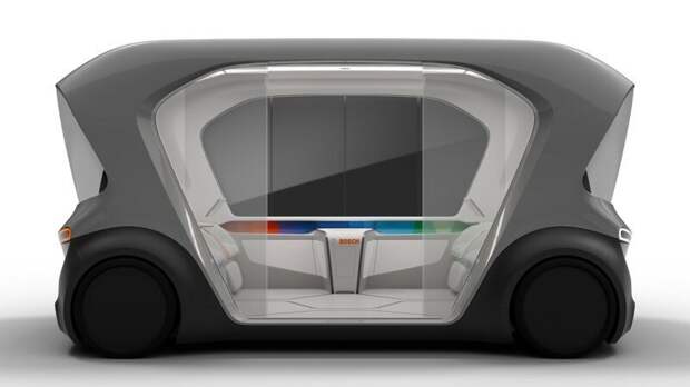 Концепция представляет собой четырехместный электрический автомобиль с просторным интерьером, в котором пассажиры сидят лицом друг к другу bosch, авто, автомир, концепт, проект, шаттл
