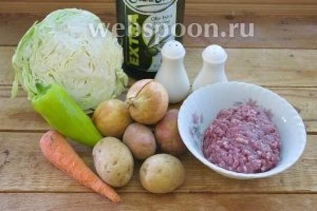 Для приготовления супа нам понадобятся: капуста белокочанная, морковь, болгарский перец, лук, фарш говяжий, растительное масло и специи.